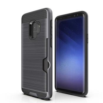 Műanyag telefonvédő (szilikon belső, közepesen ütésálló, bankkártya tartó, szálcsiszolt minta) SZÜRKE Samsung Galaxy S9 (SM-G960) kép