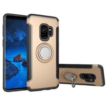 Műanyag telefonvédő (szilikon keret, asztali tartó funkció, telefontartó gyűrű, beépített fémlemez, karbon minta) ARANY Samsung Galaxy S9 (SM-G960) kép