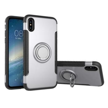 Műanyag telefonvédő (szilikon keret, asztali tartó funkció, telefontartó gyűrű, beépített fémlemez, karbon minta) EZÜST Apple iPhone XS 5.8, Apple iPhone X 5.8 kép