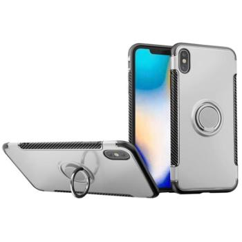 Műanyag telefonvédő (szilikon keret, asztali tartó funkció, telefontartó gyűrű, beépített fémlemez, karbon minta) EZÜST Apple iPhone XS Max 6.5 kép