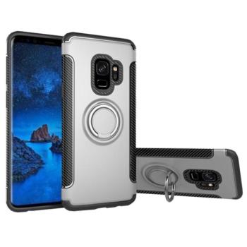 Műanyag telefonvédő (szilikon keret, asztali tartó funkció, telefontartó gyűrű, beépített fémlemez, karbon minta) EZÜST Samsung Galaxy S9 (SM-G960) kép
