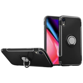 Műanyag telefonvédő (szilikon keret, asztali tartó funkció, telefontartó gyűrű, beépített fémlemez, karbon minta) FEKETE Apple iPhone XR 6.1 kép
