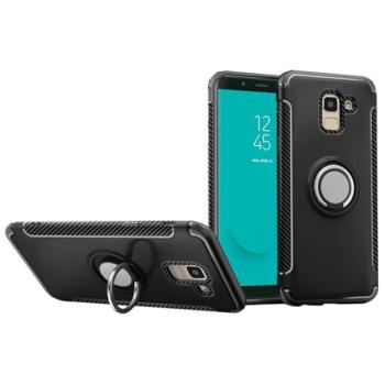 Műanyag telefonvédő (szilikon keret, asztali tartó funkció, telefontartó gyűrű, beépített fémlemez, karbon minta) FEKETE Samsung Galaxy J6 (2018) SM-J600F kép