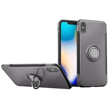 Műanyag telefonvédő (szilikon keret, asztali tartó funkció, telefontartó gyűrű, beépített fémlemez, karbon minta) SZÜRKE Apple iPhone XS Max 6.5 kép