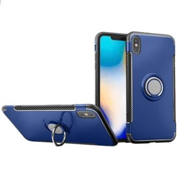 Műanyag telefonvédő (szilikon keret, asztali tartó, telefontartó gyűrű, beépített fémlemez, karbon minta) SÖTÉTKÉK Apple iPhone XS Max 6.5 kép