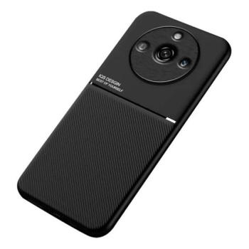 Műanyag telefonvédő (szilikon keret, közepesen ütésálló, beépített fémlemez, bőr hatású hátlap, csíkos minta) FEKETE Realme 11 Pro, Realme 11 Pro Plus kép