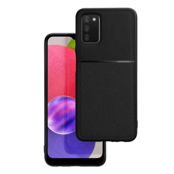 Műanyag telefonvédő (szilikon keret, közepesen ütésálló, beépített fémlemez, bőr hatású hátlap, csíkos minta) FEKETE Samsung Galaxy A03s (SM-A037F) kép
