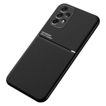 Műanyag telefonvédő (szilikon keret, közepesen ütésálló, beépített fémlemez, bőr hatású hátlap, csíkos minta) FEKETE Samsung Galaxy A13 4G (SM-A135F / A137F) kép