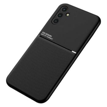Műanyag telefonvédő (szilikon keret, közepesen ütésálló, beépített fémlemez, bőr hatású hátlap, csíkos minta) FEKETE Samsung Galaxy A13 5G (SM-A136), Samsung Galaxy A04s (SM-A047F) kép