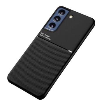 Műanyag telefonvédő (szilikon keret, közepesen ütésálló, beépített fémlemez, bőr hatású hátlap, csíkos minta) FEKETE Samsung Galaxy S21 FE (SM-G990) kép