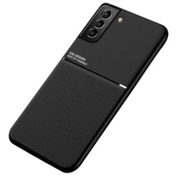 Műanyag telefonvédő (szilikon keret, közepesen ütésálló, beépített fémlemez, bőr hatású hátlap, csíkos minta) FEKETE Samsung Galaxy S22 5G (SM-S901) kép