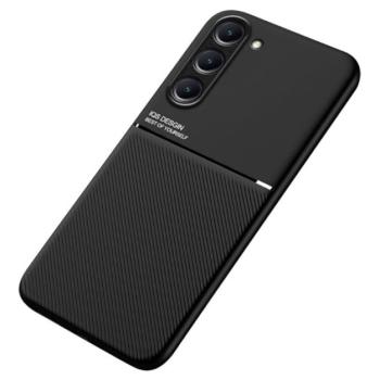 Műanyag telefonvédő (szilikon keret, közepesen ütésálló, beépített fémlemez, bőr hatású hátlap, csíkos minta) FEKETE Samsung Galaxy S23 Plus (SM-S916) kép