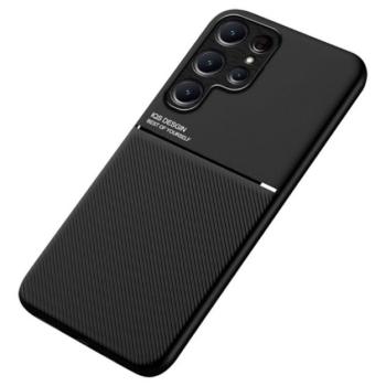 Műanyag telefonvédő (szilikon keret, közepesen ütésálló, beépített fémlemez, bőr hatású hátlap, csíkos minta) FEKETE Samsung Galaxy S23 Ultra (SM-S918) kép