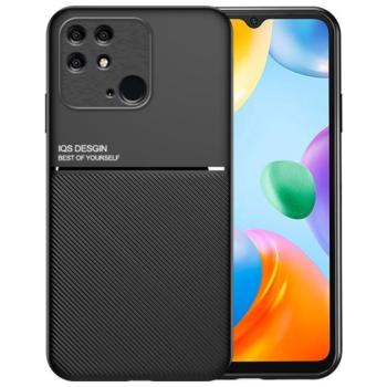 Műanyag telefonvédő (szilikon keret, közepesen ütésálló, beépített fémlemez, bőr hatású hátlap, csíkos minta) FEKETE Xiaomi Redmi 10C kép