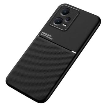 Műanyag telefonvédő (szilikon keret, közepesen ütésálló, beépített fémlemez, bőr hatású hátlap, csíkos minta) FEKETE Xiaomi Redmi Note 12 Pro Plus kép