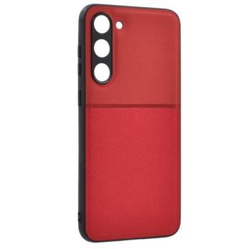 Műanyag telefonvédő (szilikon keret, közepesen ütésálló, beépített fémlemez, bőr hatású hátlap, csíkos minta) PIROS Samsung Galaxy S23 Plus (SM-S916) kép