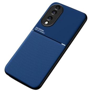 Műanyag telefonvédő (szilikon keret, közepesen ütésálló, beépített fémlemez, bőr hatású hátlap, csíkos minta) SÖTÉTKÉK Honor 70 kép