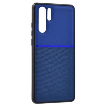 Műanyag telefonvédő (szilikon keret, közepesen ütésálló, beépített fémlemez, bőr hatású hátlap, csíkos minta) SÖTÉTKÉK Huawei P30 Pro kép