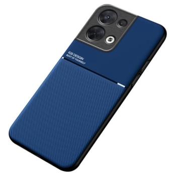 Műanyag telefonvédő (szilikon keret, közepesen ütésálló, beépített fémlemez, bőr hatású hátlap, csíkos minta) SÖTÉTKÉK Oppo Reno 8 Pro kép