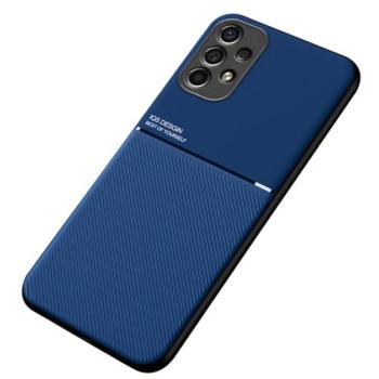 Műanyag telefonvédő (szilikon keret, közepesen ütésálló, beépített fémlemez, bőr hatású hátlap, csíkos minta) SÖTÉTKÉK Samsung Galaxy A13 4G (SM-A135F / A137F) kép