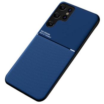 Műanyag telefonvédő (szilikon keret, közepesen ütésálló, beépített fémlemez, bőr hatású hátlap, csíkos minta) SÖTÉTKÉK Samsung Galaxy S22 Ultra 5G (SM-S908) kép