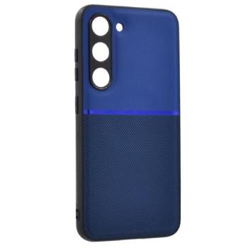 Műanyag telefonvédő (szilikon keret, közepesen ütésálló, beépített fémlemez, bőr hatású hátlap, csíkos minta) SÖTÉTKÉK Samsung Galaxy S23 (SM-S911) kép