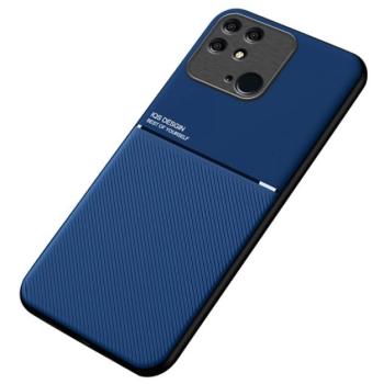 Műanyag telefonvédő (szilikon keret, közepesen ütésálló, beépített fémlemez, bőr hatású hátlap, csíkos minta) SÖTÉTKÉK Xiaomi Redmi 10C kép