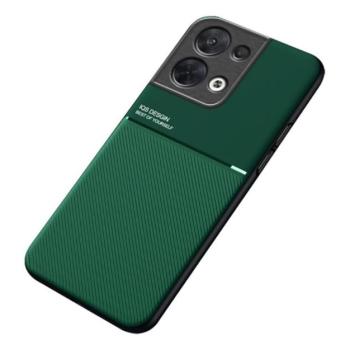 Műanyag telefonvédő (szilikon keret, közepesen ütésálló, beépített fémlemez, bőr hatású hátlap, csíkos minta) SÖTÉTZÖLD Oppo Reno 8 Pro kép