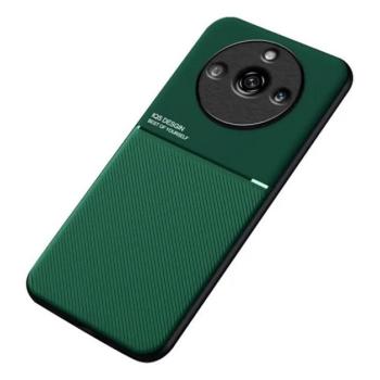 Műanyag telefonvédő (szilikon keret, közepesen ütésálló, beépített fémlemez, bőr hatású hátlap, csíkos minta) SÖTÉTZÖLD Realme 11 Pro, Realme 11 Pro Plus kép