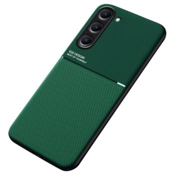 Műanyag telefonvédő (szilikon keret, közepesen ütésálló, beépített fémlemez, bőr hatású hátlap, csíkos minta) SÖTÉTZÖLD Samsung Galaxy S23 Plus (SM-S916) kép