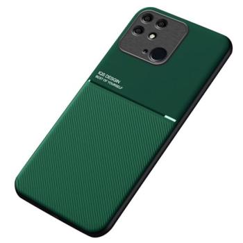 Műanyag telefonvédő (szilikon keret, közepesen ütésálló, beépített fémlemez, bőr hatású hátlap, csíkos minta) SÖTÉTZÖLD Xiaomi Redmi 10C kép