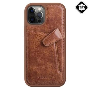 NILLKIN AOGE műanyag telefonvédő (valódi bőr hátlap, mikrofiber plüss belső, bankkártya tartó) BARNA Apple iPhone 12 Pro Max kép