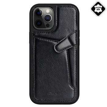 NILLKIN AOGE műanyag telefonvédő (valódi bőr hátlap, mikrofiber plüss belső, bankkártya tartó) FEKETE Apple iPhone 12 Pro Max kép