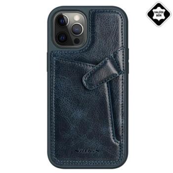 NILLKIN AOGE műanyag telefonvédő (valódi bőr hátlap, mikrofiber plüss belső, bankkártya tartó) SÖTÉTKÉK Apple iPhone 12 Pro Max kép