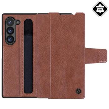 NILLKIN AOGE műanyag telefonvédő (valódi bőr hátlap, mikrofiber plüss belső, ceruza tartó) BARNA Samsung Galaxy Z Fold6 5G (SM-F956) kép