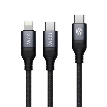 NILLKIN DUALPOWER adatkábel 2in1 (Type-C - lightning/Type-C, 100W, PD gyorstöltő 3.0, 100cm, cipőfűző) FEKETE kép