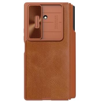 Nillkin Qin Pro Samsung Galaxy Z Fold 7 bőr flip tok S-Pen / kártyatartóval, csúsztatható kameravédővel, barna kép