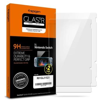 Nintendo Switch, Kijelzővédő fólia, (az íves részre NEM hajlik rá!), Tempered Glass (edzett üveg), Spigen Glastr Slim, Clear, 2 db / csomag kép