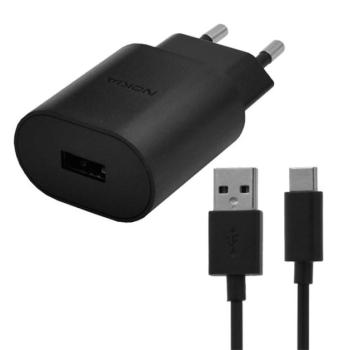 NOKIA hálózati töltő USB aljzat (18W, 5V / 2000mA, gyorstöltés támogatás + Type-C kábel) FEKETE Asus Zenfone 3 5.5 (ZE552KL), Honor 8, Sony Xperia X Compact (F5321), Sony Xperia XZ (F8331), L kép