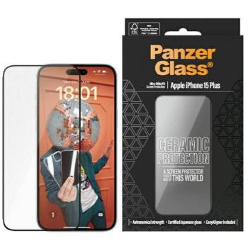 PanzerGlass Ceramic Protection kerámiaüveg fekete szegéllyel felhelyezést segítő kerettel iPhone 15 Plus kép