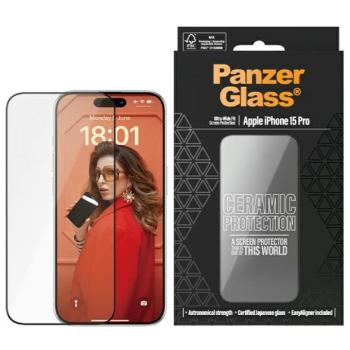 PanzerGlass Ceramic Protection kerámiaüveg fekete szegéllyel felhelyezést segítő kerettel iPhone 15 Pro kép