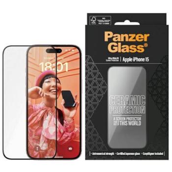 PanzerGlass Ceramic Protection kerámiaüveg fekete szegéllyel felhelyezést segítő kerettel iPhone 15 kép