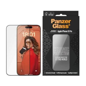 PANZERGLASS CERAMIC PROTECTION ULTRA-WIDE FIT képernyővédő üveg (3D, kerámia + segédkeret) FEKETE Apple iPhone 15 Pro kép