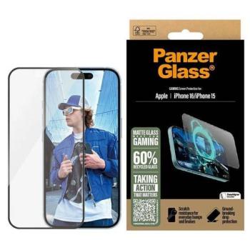 PanzerGlass Gaming matt edzett üveg fekete szegéllyel felhelyezést segítő kerettel iPhone 15/16 kép