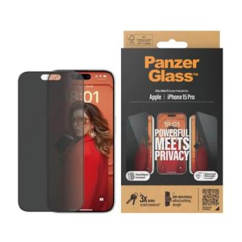 PANZERGLASS PRIVACY ULTRA-WIDE FIT képernyővédő üveg (3D, betekintés védelem + segédkeret) FEKETE Apple iPhone 15 Pro kép