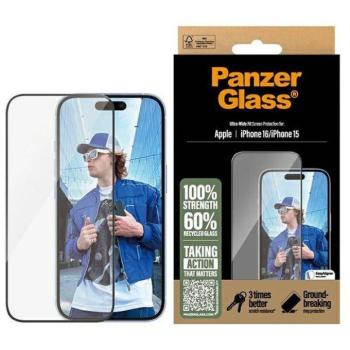 PanzerGlass Ultra-Wide Fit edzett üveg fekete szegéllyel iPhone 15/16 kép