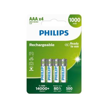 Philips nikkel-fémhidrid (NiMH) újratölthető elem AAA 1000mAh - 4db kép