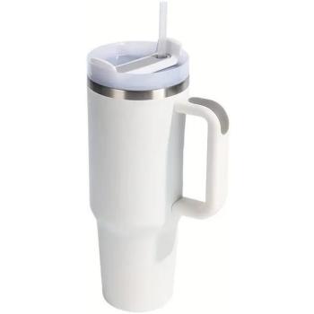 Prémium fémfalú utazó termosz + pohár, 1200 ml, hőtartó, szívószállal, fogantyúval, Tumbler, fehér kép