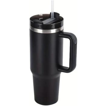 Prémium fémfalú utazó termosz + pohár, 1200 ml, hőtartó, szívószállal, fogantyúval, Tumbler, fekete kép