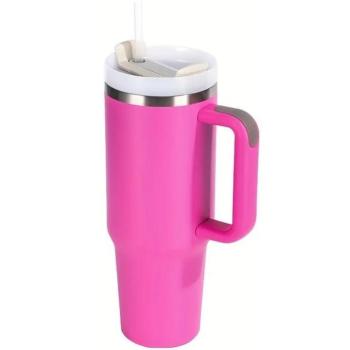Prémium fémfalú utazó termosz + pohár, 1200 ml, hőtartó, szívószállal, fogantyúval, Tumbler, magenta kép